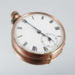 Anonymous, a 9 carat gold open faced pocket watch, the white enamel dial with black Roman