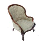 A Victorian show wood frame easy chair, raised on carved front feet