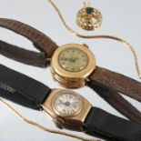 A lady's 18 carat gold wrist watch, on a strap, together with a lady's wrist watch stamped '9k',