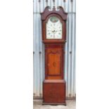 A 19th century north country oak long case clock, having painted dial with figure and dog within a