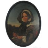 A 19th century English School oval oil on board, portrait of a woman wearing a bonnet, holding a