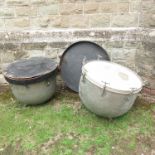 Two timpani shaped drums, of kettle form, with covers, diameters approximately 25ins and 29ins,