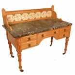 A pine wash stand, with tile back and marble top,