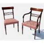 A set of Regency design bar back dining chairs (6+1), raised on front turned supports