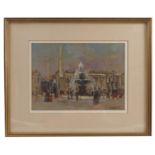 G M Hopton, watercolour, city square with figures and fountain, 7ins x 9ins
