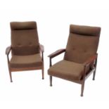 A pair of Guy Rogers style teak recliner armchairs, Manhattan design