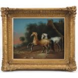 A pair of 19th century style oleographs, horses in landscape, 6.5ins x 8ins