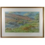 Tim Scott Bolton, gouache, River Helmsdale, figure fishing, 17ins x 29ins (D)Condition Report: No