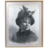 Collyer, black and white pastel portrait, girl wearing a hat with parrot, 22ins x 16.5ins