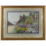 E. A. Rowe, watercolour, herbaceous border with figures and buildings, 12ins x 17.75insCondition