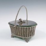 A Victorian silver plated oval covered basket, with twist swing handle, basket weave body, raised on