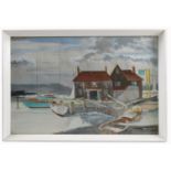 Trevor Jones, a framed 20th century watercolour painting of boats in a harbour with a mill and