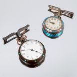 A gun metal fob watch, set with small turquoise cabochons to the front and back, on a brooch