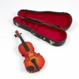 A cased miniature violin, together with bow