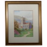 J B Noel, watercolour, view of Malvern Priory, 14ins x 10ins