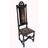 An antique style hall chair, with upholstered back and seat, raised on turned legs united by H