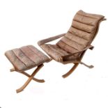 A 1970's Scandinavian Westnofa bentwood folding easy chair and stool, with canvas back and seat
