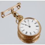 An 18k gold lady's open pocket watch, with engraved case, white enamel dial and Roman numerals,