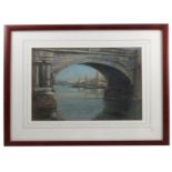 Laurence Ball, watercolour, view through arch of a bridge with water, 10.5ins x 13.75ins