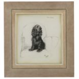 After Cecil Aldin, black and white print, Two Eyes, spaniel seated on an armchair, 11ins x 10ins,