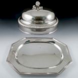A silver plated meat dome, with artichoke finial, engraved with a crest and moto, with gadrooned