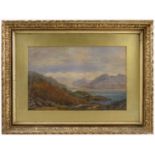 A 19th century watercolour, view with water and mountains, 10ins x 15ins