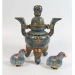 A Chinese Cloisonné Tripod Censer with cover 13.5 cm high and two modern birds