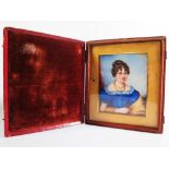 A Nineteenth Century Miniature Portrait of a lady in red leather case, 9 x 7 in. IVORY panel. NO
