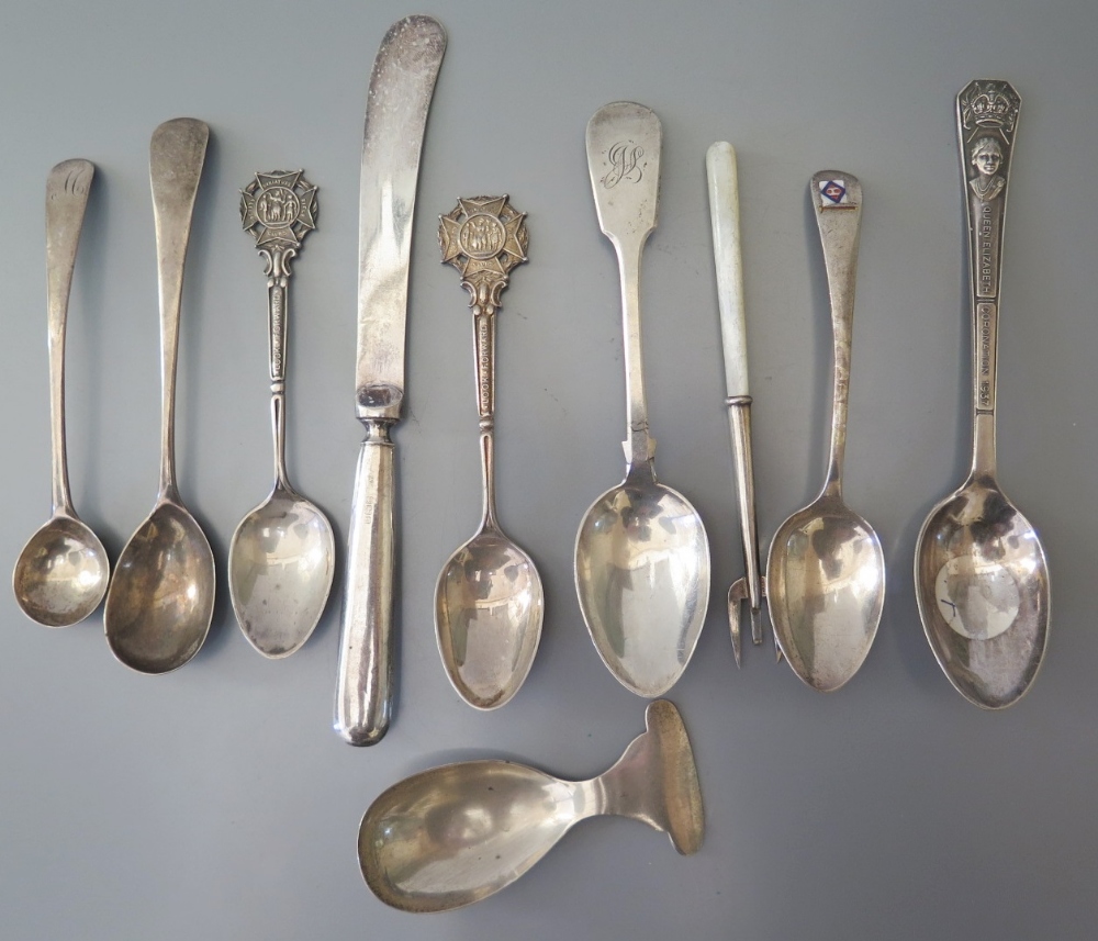 A George V Silver Caddy Spoon, Sheffield 1913, Georgian silver mustard and salt spoons etc