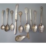 A George V Silver Caddy Spoon, Sheffield 1913, Georgian silver mustard and salt spoons etc