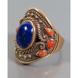 A Coral and Lapis Lazuli Ring, size Q