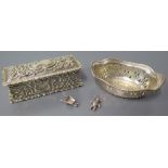 A Victorian Silver Rectangular Hinged Box Birmingham 1900, small silver pierced dish and two charms,