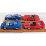 Four Crestley Collection 1:18 Scale Model Cars: Dodge Viper x 2, Ferrari F50 and Bugatti