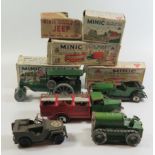 Five Minic Clockwork Toys: Tractor, Jeep, Dust Cart, Steam Roller and car, boxed with faults