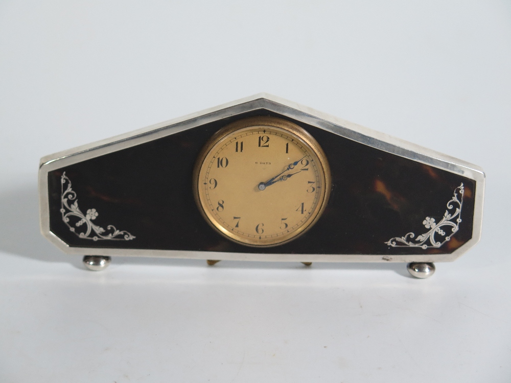 A George V Silver and Tortoise Shell 8 Day Strut Clock, Birmingham 1929, 17.5 cm