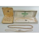 A Twin Strand Pearl Necklace with 9ct gold clasp, graduated pearl necklace with silver clasp and