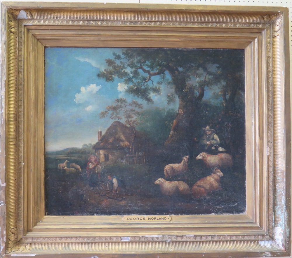 In The Manner of George Morland, Pastoral Scene, oil on canvas, eighteenth century in gilt gesso