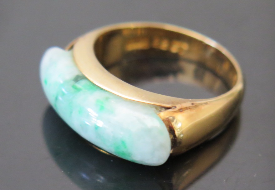 A 22ct Gold and Jadeite Ring, size M, 7.2g