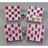 A Pair of Ruby and Diamond Cufflinks in a precious white metal setting, 7.8g
