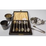 A Cased Silver Desert Spoon and Fork, small silver pepper, cased set of plated teaspoons and other
