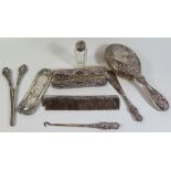 Silver Backed Brushes etc and silver topped dressing table pot