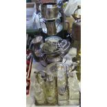 A Victorian Electroplated Silver Three Part Set and one other, cruet sets, three tier tea stand etc