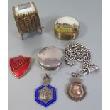 A Sterling Silver Pill Pot, two silver medallions, silver Albert, tape measure with scene of