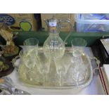 A Cut Crystal Claret Jug with silver plated mounts, set of six glasses and silver plated tray