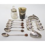 A Scottish Horn Beaker with silver mount 'DORNOCH', silver coffee spoons, silver rimmed condiment