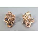 A Pair of Precious Yellow Metal and Sapphire Floral Clip Earrings, 3.4g