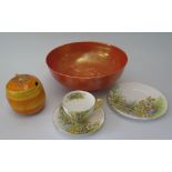 A Ruskin Pottery Orange Lustre Egg Shell Bowl, 23cm diam. AND Shelley preserve jar AND Shelley trio