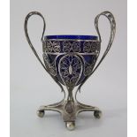 A Continental Two Handled Silver Filigree Sugar Basket with blue glass liner, 279g, 19.5cm to handle