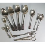 Four Georgian London Silver Serving Spoons and other silver and plated flatware including plated