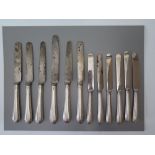 A Set of 6 + 6 Victorian Silver Handled Bead Edge Knives, London 1890, T.K.B.